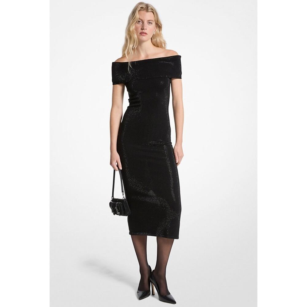 MICHAEL Michael Kors Embellished Stretch Knit Off-The-Shoulder Midi Dress Large